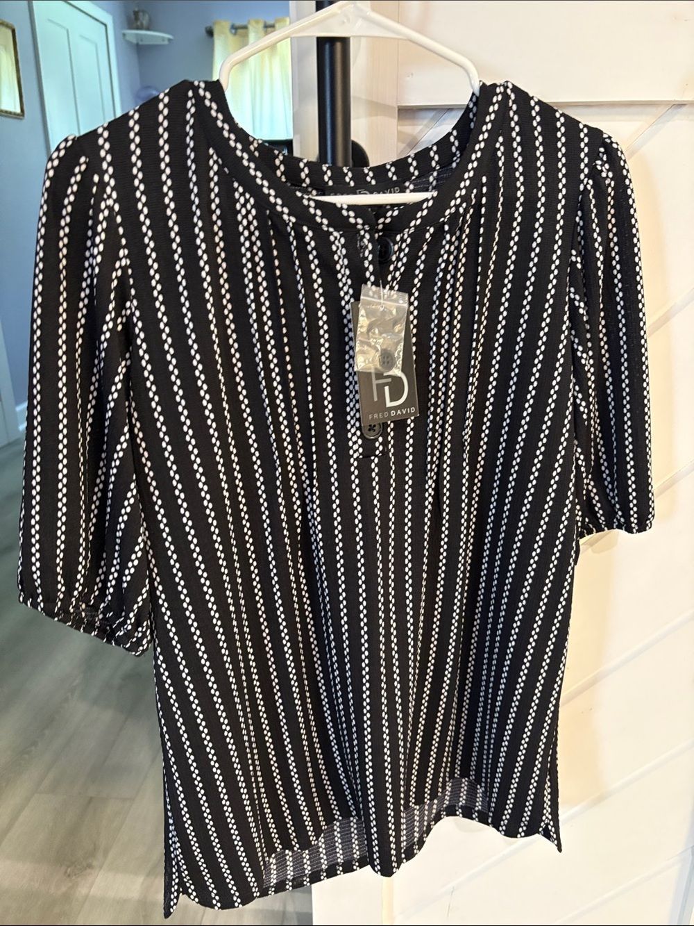 Fred David Black and White Dotted-Stripe Blouse